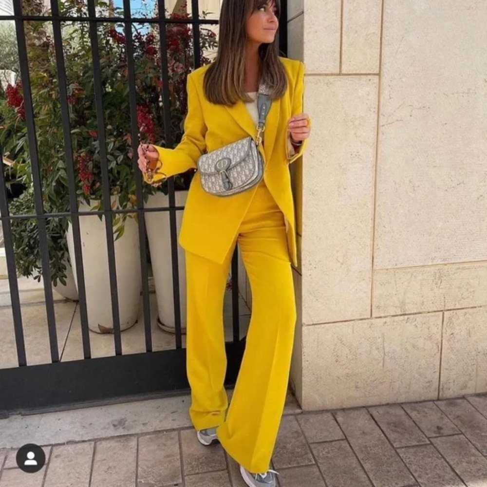 ZARA Textured Flared Pants Yellow - Picture 7 of 9